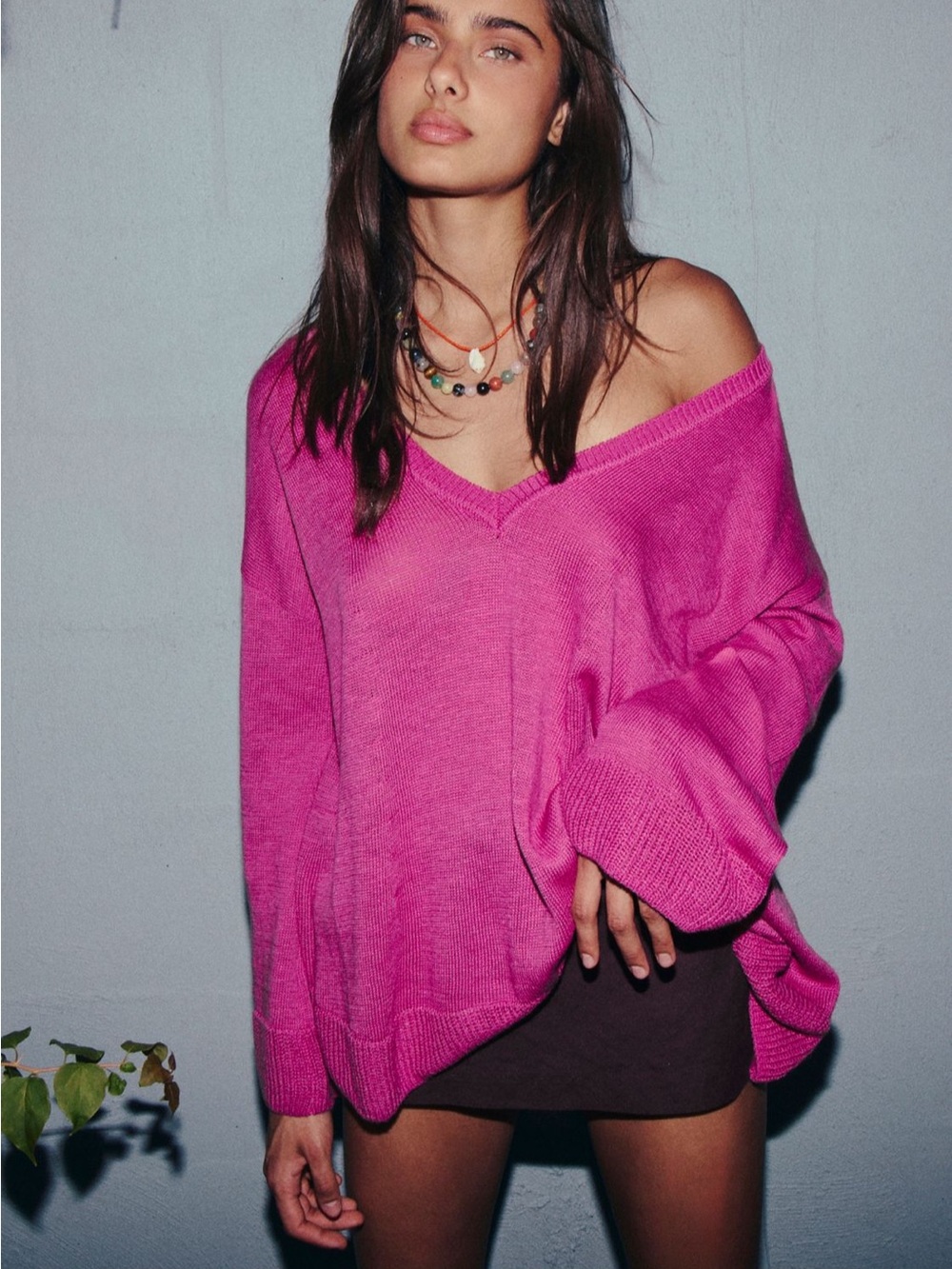 NWOT Free People Isadora Reversible V Neck Knit Hot Pink Sweater Top